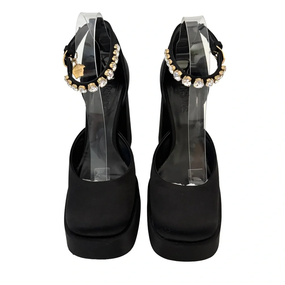 Versace Medusa Aevitas Black Satin Pumps Platform Crystal Heel EU 39.5 US 9.5